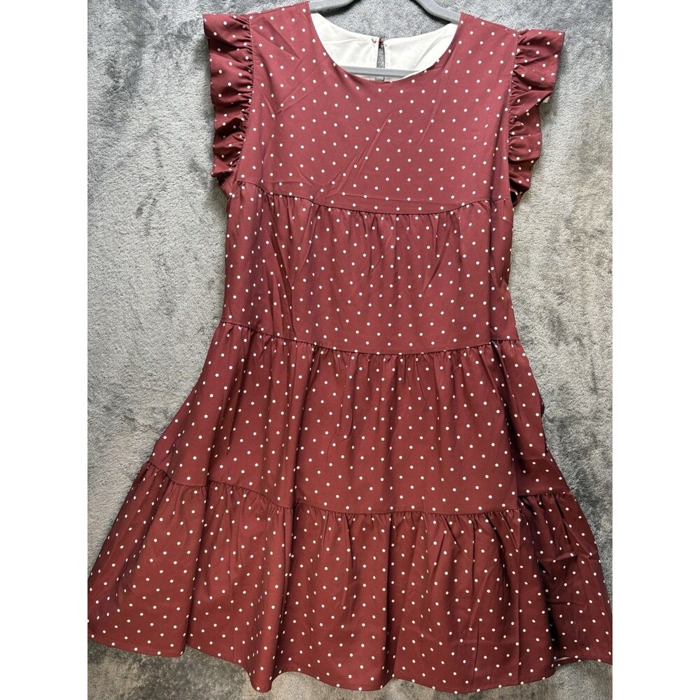 Burgundy White Polka Dot Tiered Babydoll Ruffle Sleeve Round Neck Dress M